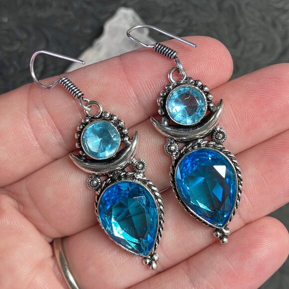 Faceted Created Swiss Blue Topaz Gem Crescent Moon Earrings (66 10614) - Picture 1 of 6